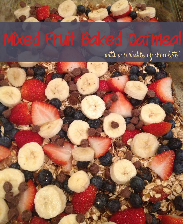 Mixed Fruit Baked Oatmeal by asweetbaker.com #bananas #blueberries #strawberries #oatmeal #chocolatechips #baked